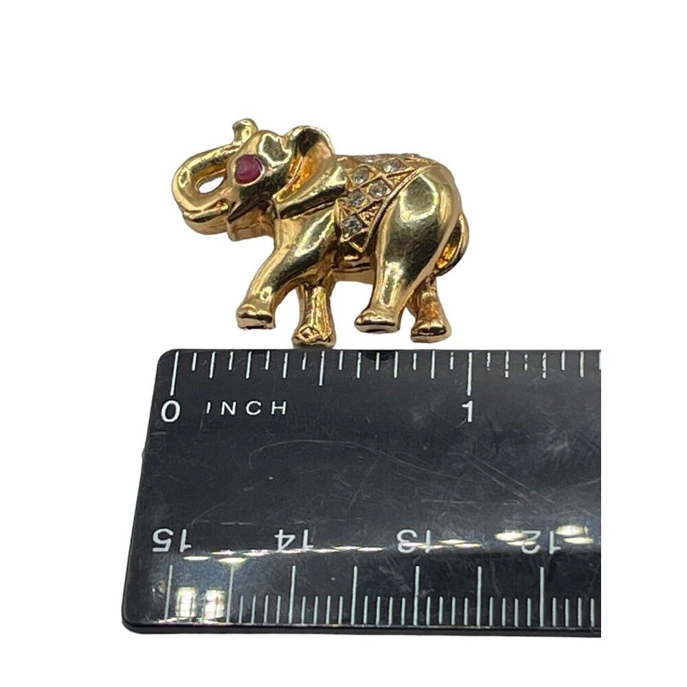 Vintage‎ Elephant Brooch Pin Pave Crystals Trunk Up Gold Tone Red Eye 1” Mini - Picture 6 of 6